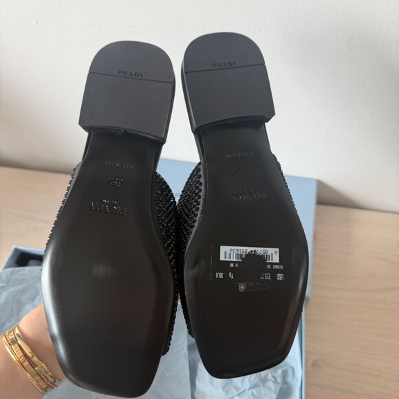 NWT Prada Slide Sandals Black Satin Crystal Embellishment Allover Triangle Logo - Picture 11 of 12